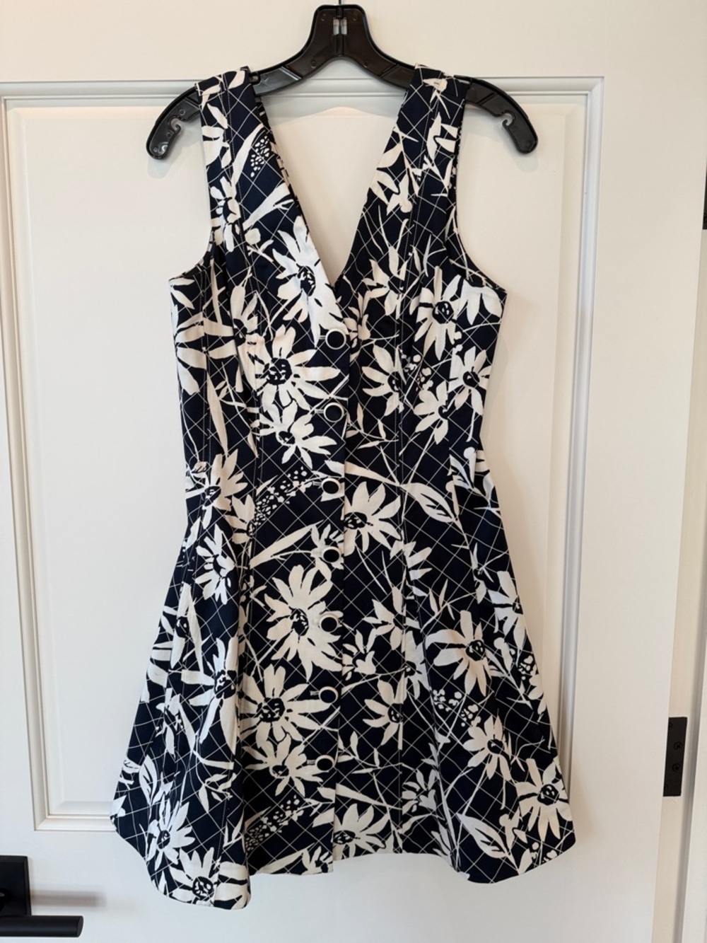 Veronica Beard Navy and White Floral V-Neck Mini Dress